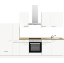 Komplette Küche mit Spüle, Kochfeld, Backofen, Dunstabzugshaube und Schränken