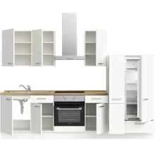 Komplette Küchenzeile mit Spüle, Herd, Backofen, Dunstabzugshaube, Kühl-Gefrierkombination und Schränken in hellem Design