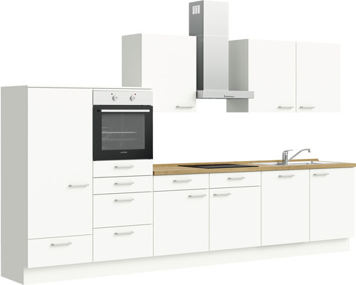 Weisse Küche mit Spüle, Herd, Dunstabzugshaube und Ofen