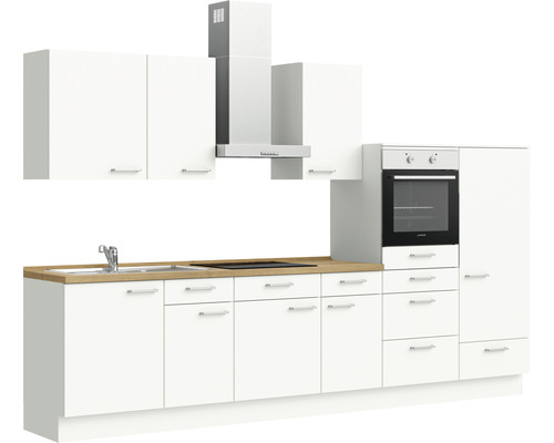 Küchenzeile mit Spüle, Kochfeld, Backofen und Dunstabzugshaube