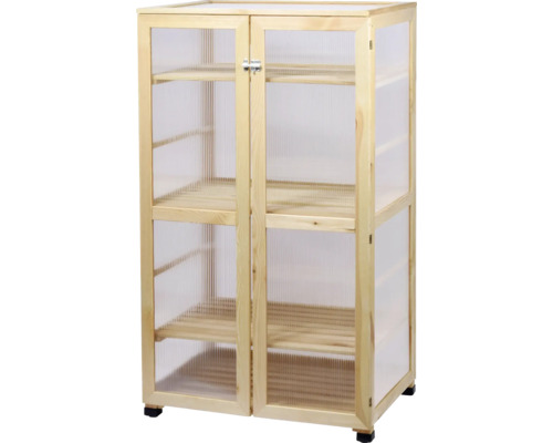 Pflanzschrank aus Holz mit mehreren Regalböden und transparenten Wänden