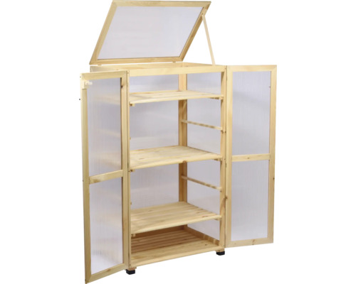 Holz-Gewächshaus mit Regalböden und geöffneten Türen für den Garten