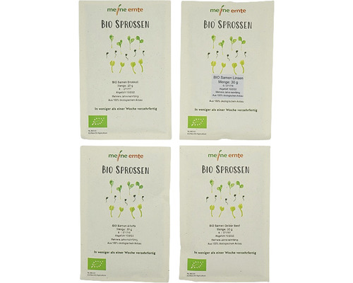 Vier Packungen Bio Sprossen Samen in verschiedenen Sorten.