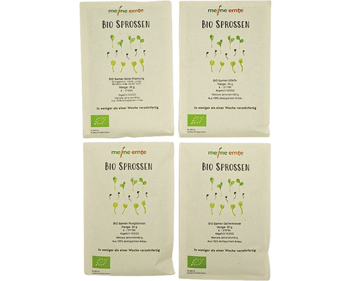 Quatre paquets de graines germées biologiques Meine Ernte, différentes variétés.