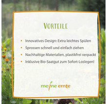 Meine Ernte Vorteile: Innovatives Design, leichtes Spülen, schnelle und einfache Sprossenanzucht, nachhaltige Materialien, plastikfreie Verpackung, inklusive Bio-Saatgut