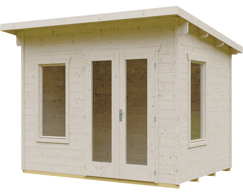 Gartenhaus aus Holz mit Fenstern und Doppeltür