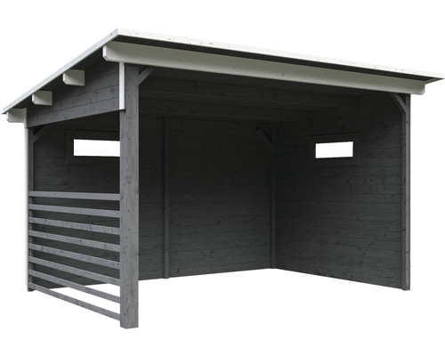 Holzunterstand mit Flachdach und seitlichen Öffnungen