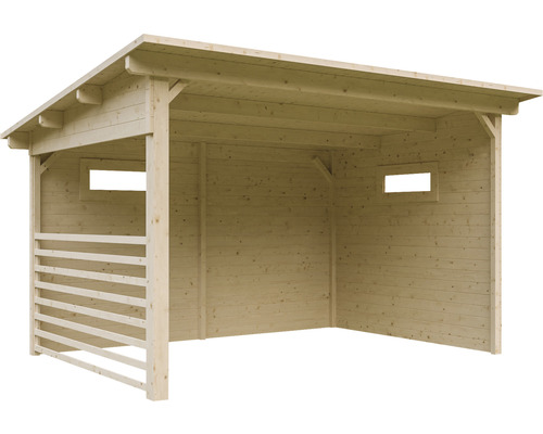 Holzcarport mit Dach und seitlichen Holzlatten