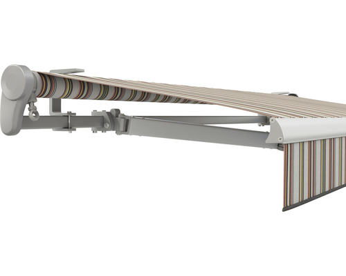 SOLUNA Gelenkarmmarkise Trend 5x3,5 Stoff Dessin D421 Gestell E6EV1 silber eloxiert Antrieb links inkl. Motor, Wandschalter,Nothandkurbel, Sonnen und Windwächter