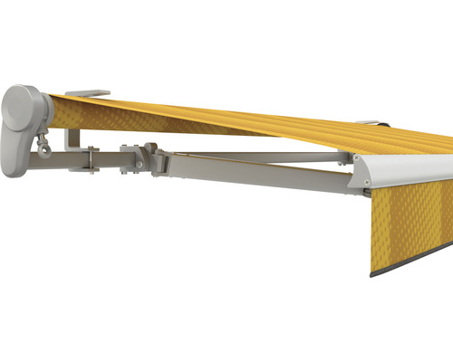 SOLUNA Gelenkarmmarkise Trend 5,5x2,5 Stoff Dessin J200 Gestell E6EV1 silber eloxiert Antrieb links inkl. Motor, Wandschalter,Nothandkurbel, Sonnen und Windwächter Gelbe Markise mit silberfarbenem Gestell