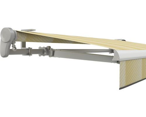 SOLUNA Gelenkarmmarkise Trend 4,5x2 Stoff Dessin J201 Gestell E6EV1 silber eloxiert Antrieb links inkl. Motor, Wandschalter,Nothandkurbel, Sonnen und Windwächter