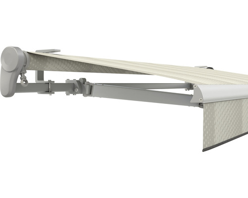 SOLUNA Gelenkarmmarkise Trend 4,5x3 Stoff Dessin J202 Gestell E6EV1 silber eloxiert Antrieb links inkl. Motor, Wandschalter,Nothandkurbel, Sonnen und Windwächter