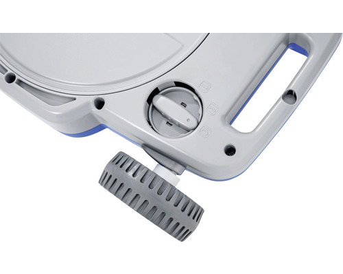 Vue détaillée d''un nettoyeur de piscine avec roue et bouton de réglage