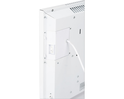 Detailansicht eines weißen Heizkörpers mit seitlich angebrachtem Schalter und Stromkabel