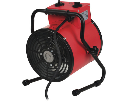 Elektrischer Bauheizer mit Tragegriff und Standfüßen für den mobilen Einsatz.