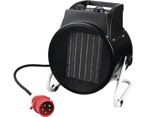 Radiateur soufflant avec fiche triphasée rouge et boîtier noir