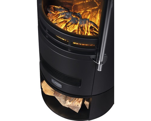 Vue détaillée d''un poêle de cheminée électrique avec des bûches et un effet de flamme