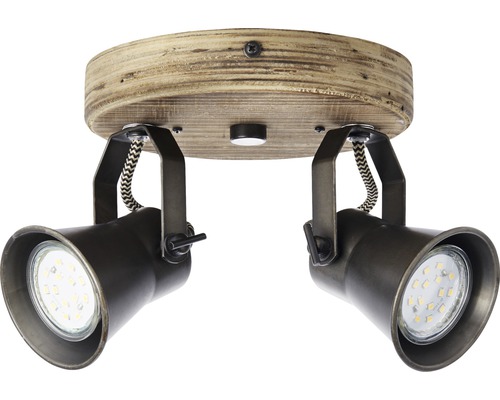Deckenleuchte mit zwei Strahlern, Holz und Metall