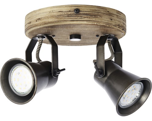 Deckenleuchte mit zwei Strahlern und Holzplatte