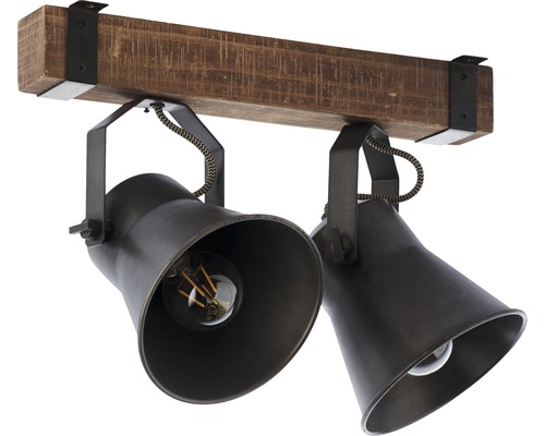 Plafonnier avec deux spots sur une poutre en bois
