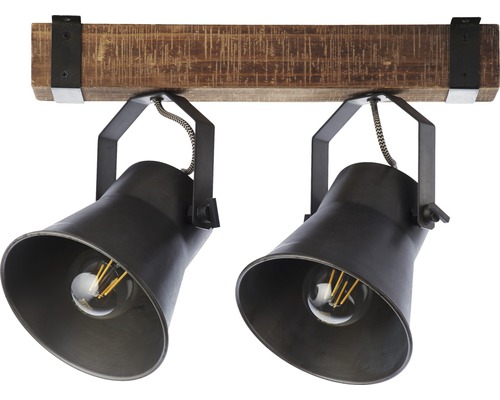 Plafonnier avec deux spots et support en bois