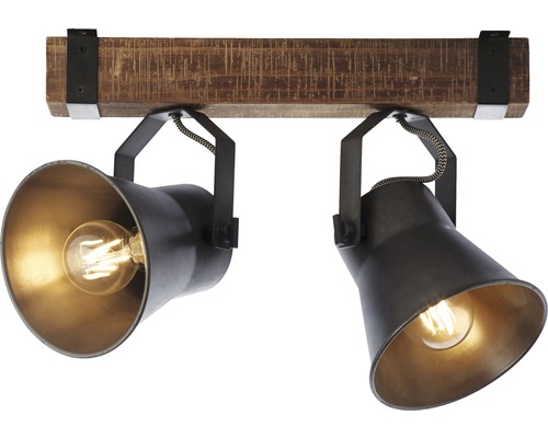 Plafonnier avec deux spots en métal et poutre en bois