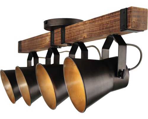 Deckenleuchte mit vier Strahlern aus Holz und Metall