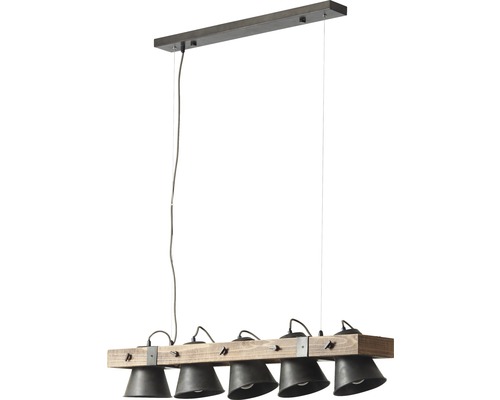 Hängelampe mit fünf Leuchten und Holzbalken