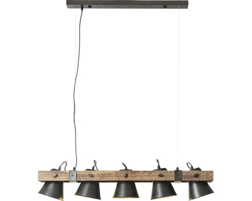 Hängelampe mit Holzträger und fünf Lampenschirmen