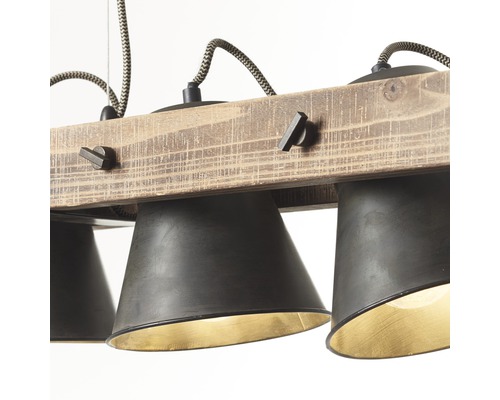 Hängelampe mit drei Lampenschirmen aus Holz und Metall