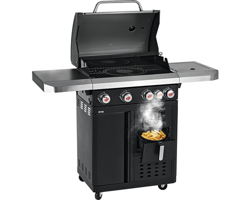 Gasgrill mit Seitenbrenner und offener Grillhaube