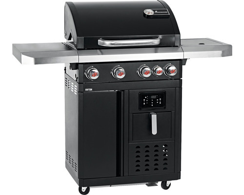 Schwarzer Gasgrill mit Bedienfeld und Ablageflächen.