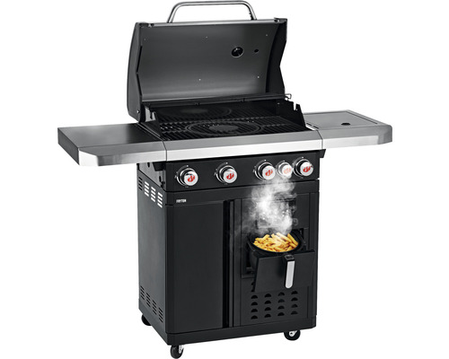 Schwarzer Gasgrill mit Fritteuse, Grillrosten, Deckel und Seitentischen.