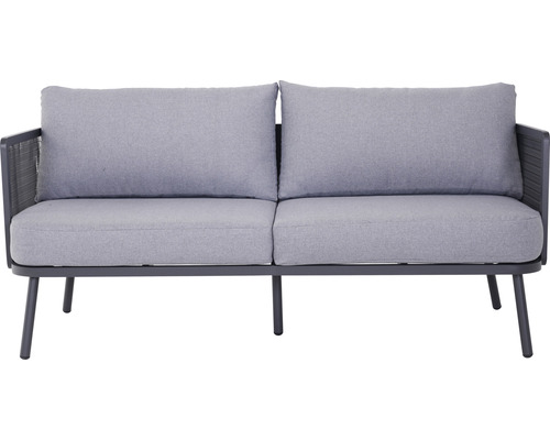 Fauteuil de jardin gris pour deux personnes avec deux coussins.