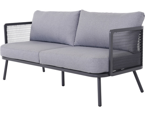 Canapé de jardin deux places avec cadre métallique et coussins