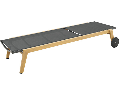 Chaise longue de jardin en bois et tissu avec roulettes