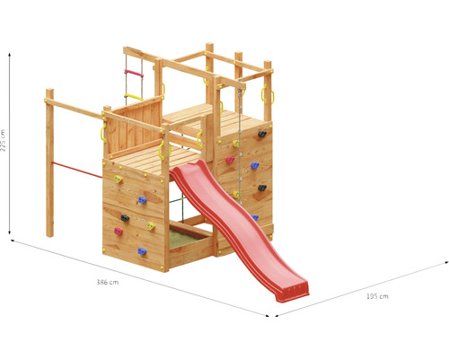 Spielturm aus Holz mit Rutsche, Kletterwand und Sandkasten mit den Maßen 386 cm mal 195 cm und einer Höhe von 225 cm