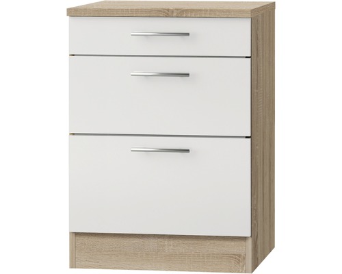 Meuble bas à tiroirs coulissants Optifit Dakar286 60 x 60 x 84,8 cm façade blanc brillant corps chêne clair