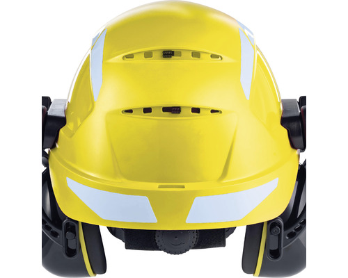 Casque de protection jaune avec protection auditive vue de derrière