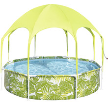 Rundes Schwimmbecken mit Blättermuster und Sonnenschutz