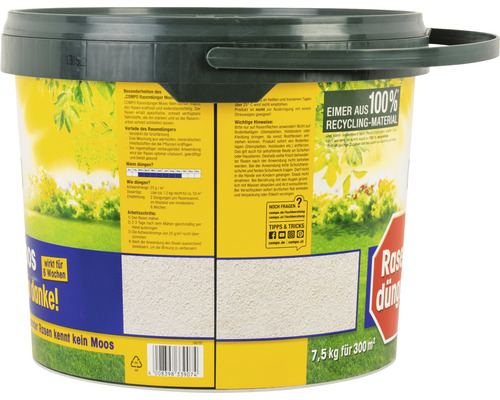 Rasendünger in einem Eimer mit 7,5 Kilogramm für 300 Quadratmeter