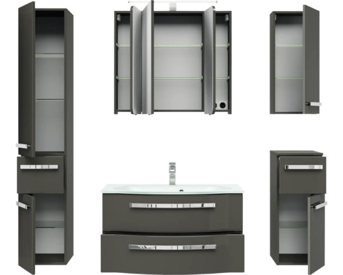 Badezimmermöbel-Set mit Waschtisch, Spiegelschrank und Hochschränken