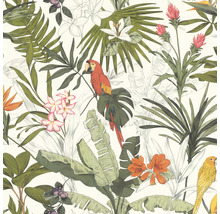 Tapete mit tropischem Design, Papageien, Blättern und Blüten