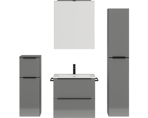 Set de meubles de salle de bains NOBILIA Programm 1 38 lxhxp 140 x 169,1 x 48,7 cm couleur de façade gris haute brillance avec vasque pour meuble et armoire de toilette à 1 porte avec éclairage LED meuble bas armoire midi barre de prise noir 038