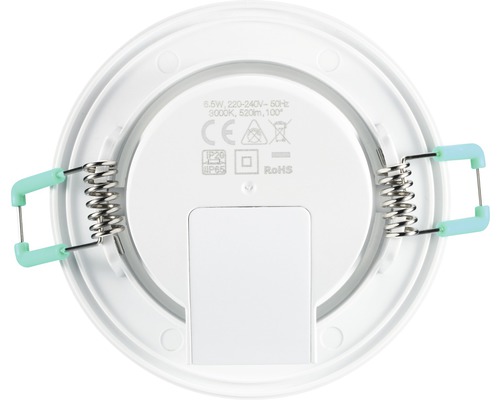 Arrière du spot encastrable LED avec données techniques, ressorts et indice de protection IP65