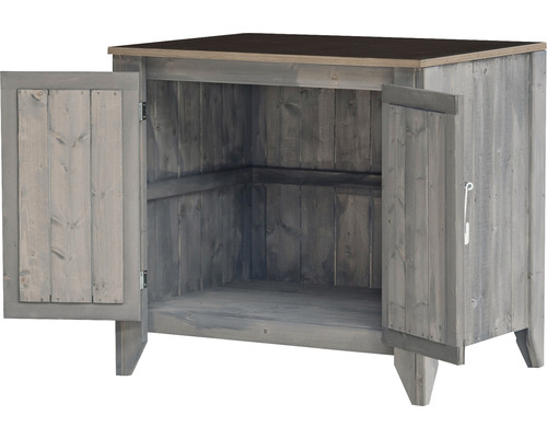 Holzschrank mit zwei offenen Türen zur Aufbewahrung