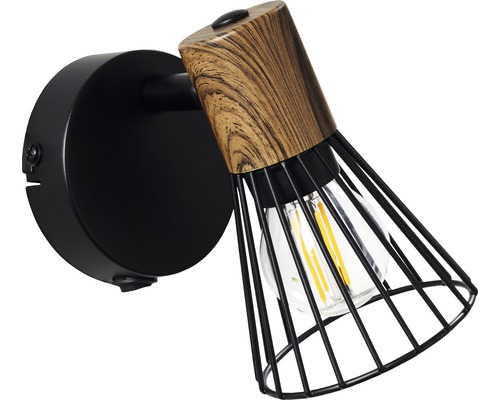 Wandleuchte mit Holzdetails und Lampenschirm aus Metalldraht