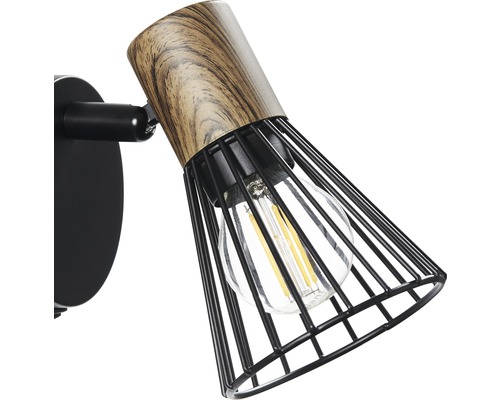 Wandleuchte mit Holzoptik und schwarzem Metallkäfig