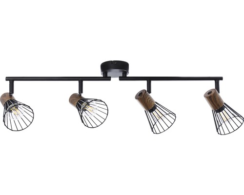Deckenleuchte mit vier Strahlern mit Holzoptik und Metallkäfigen
