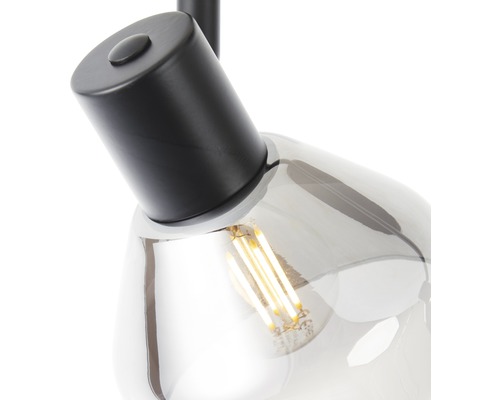 Detailaufnahme einer Pendelleuchte mit transparentem Glasschirm und Leuchtmittel